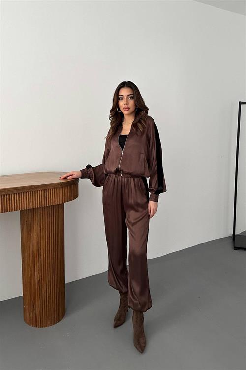 Wholesale Brown Satin Tracksuit Set with Velvet Side Stripes
