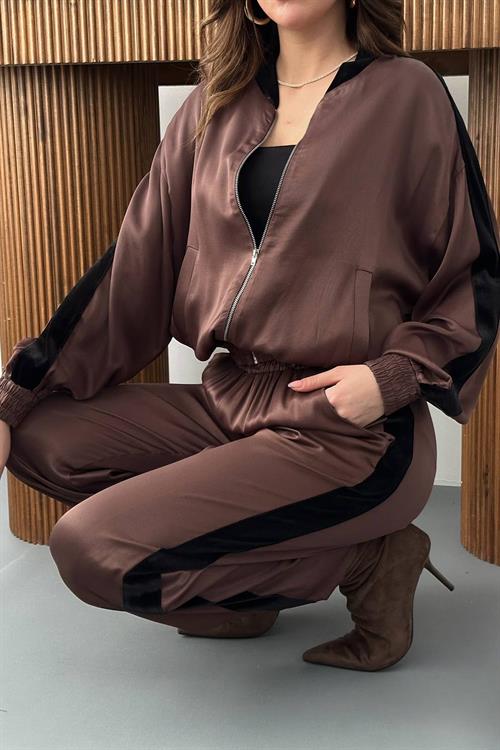 Wholesale Brown Satin Tracksuit Set with Velvet Side Stripes