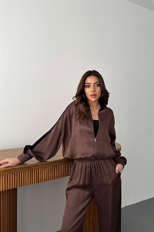 Wholesale Brown Satin Tracksuit Set with Velvet Side Stripes