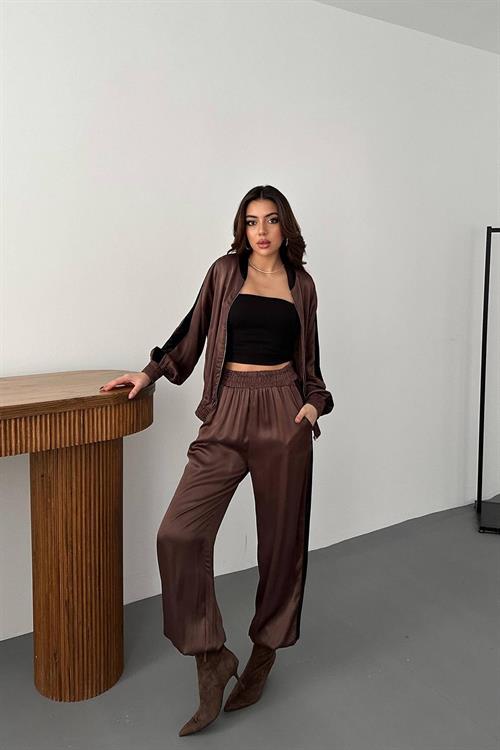 Wholesale Brown Satin Tracksuit Set with Velvet Side Stripes