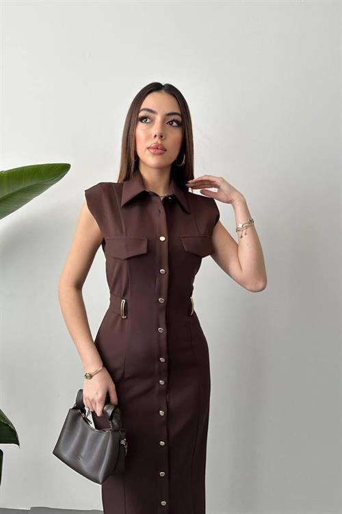 Wholesale Brown Satin Dress with Belt Accessory