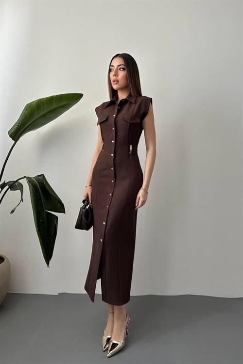 Wholesale Brown Satin Dress with Belt Accessory