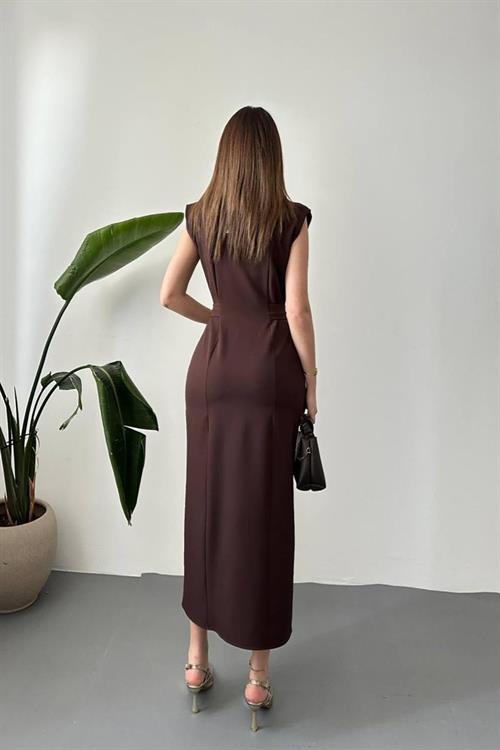 Wholesale Brown Satin Dress with Belt Accessory