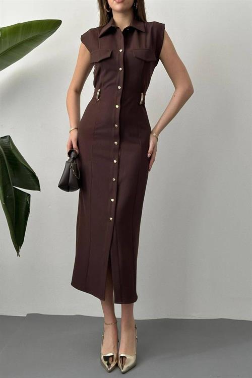 Wholesale Brown Satin Dress with Belt Accessory