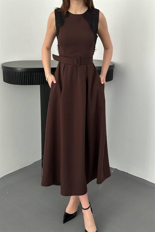 Wholesale Brown Dress with Lace Trim