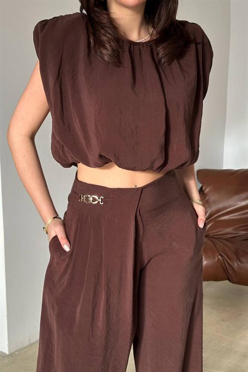 Toptan Kahverengi Modal Bluz Ve Pantolon Takım