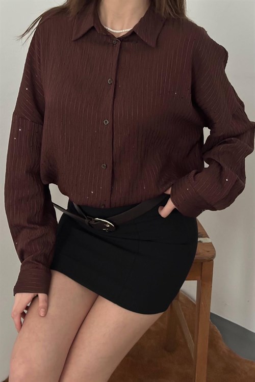 Wholesale Brown Oversize Shirt Embroidered with Sequins