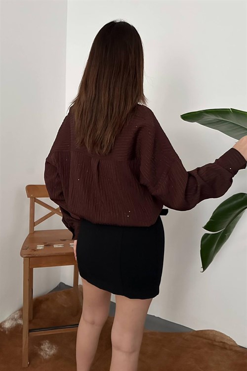 Wholesale Brown Oversize Shirt Embroidered with Sequins
