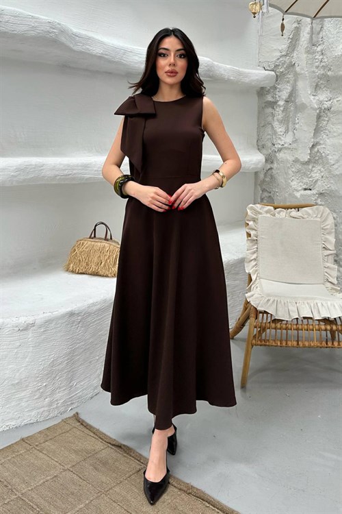 Wholesale Brown Dress with Shoulder Bow Detail