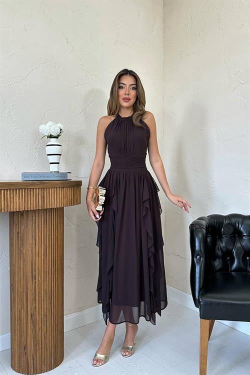 Wholesale Brown Frilled Dress