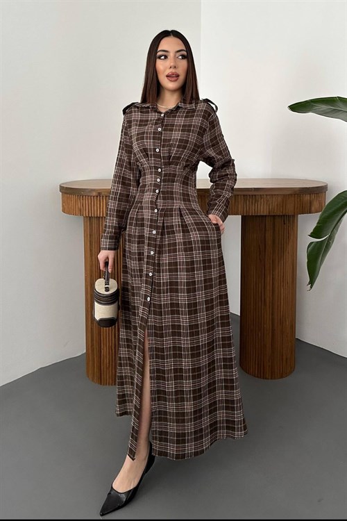 Wholesale Brown Pleated Plaid Dress