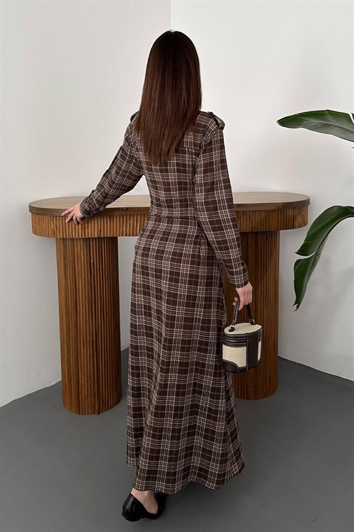 Wholesale Brown Pleated Plaid Dress