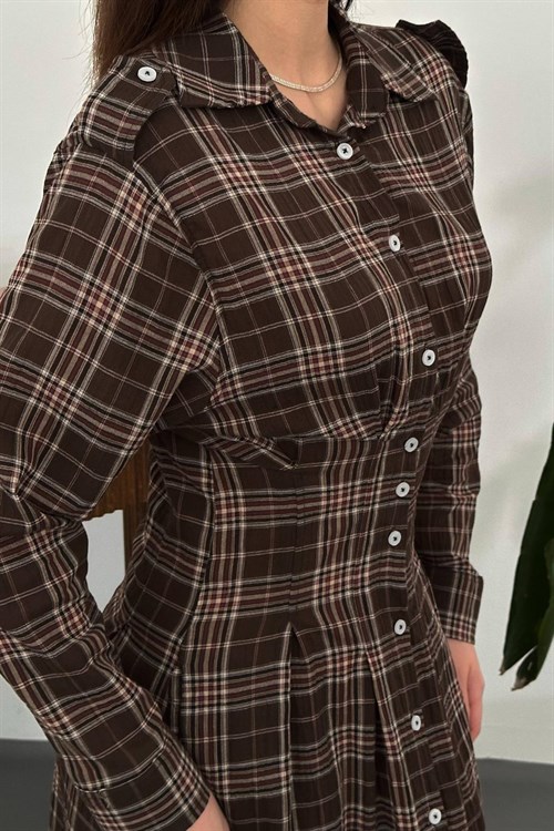 Wholesale Brown Pleated Plaid Dress