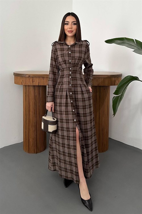 Wholesale Brown Pleated Plaid Dress