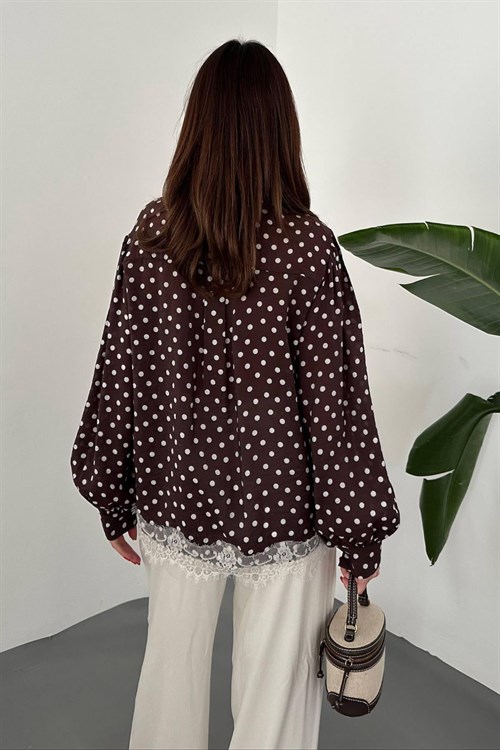 Toptan Kahverengi Puantiyeli Dantelli Gömlek