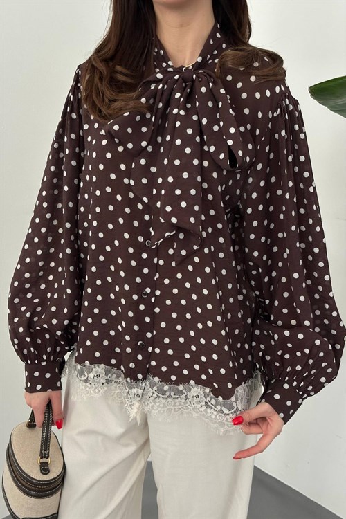 Toptan Kahverengi Puantiyeli Dantelli Gömlek