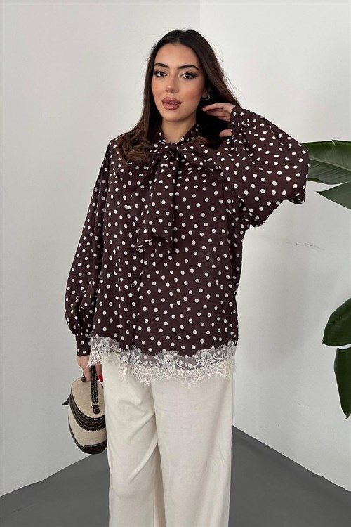 Toptan Kahverengi Puantiyeli Dantelli Gömlek