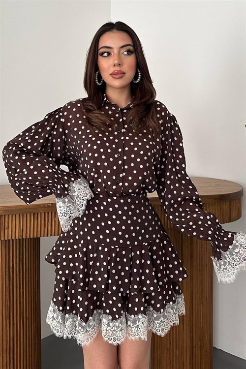 Toptan Kahverengi Puantiyeli Dantelli Takım