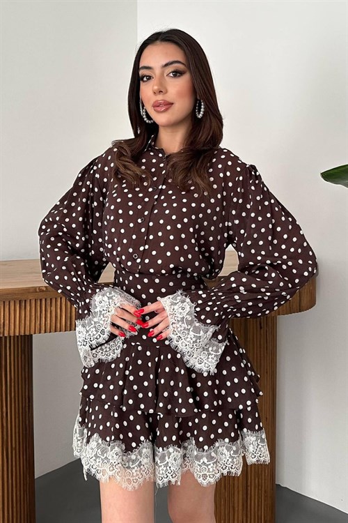 Toptan Kahverengi Puantiyeli Dantelli Takım