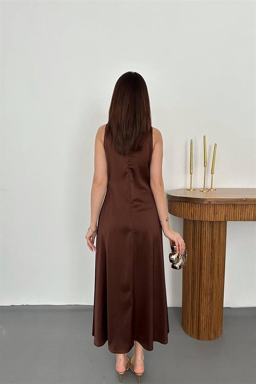 Wholesale Brown Satin Cowl-Neck Dress with Buckled Shoulders