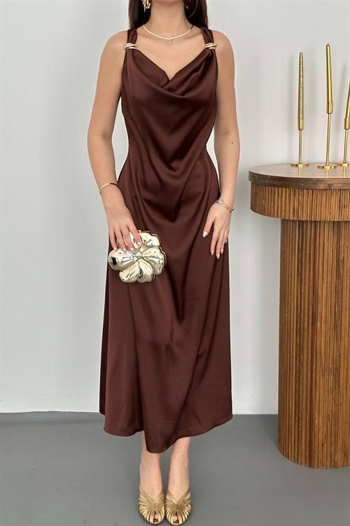 Wholesale Brown Satin Cowl-Neck Dress with Buckled Shoulders