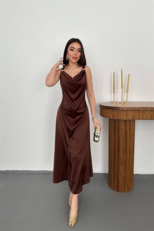 Wholesale Brown Satin Cowl-Neck Dress with Buckled Shoulders