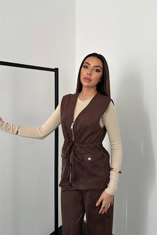 Wholesale Brown Suede Vest and Trousers Set