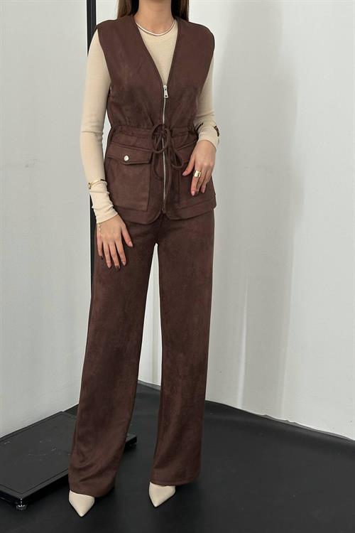 Wholesale Brown Suede Vest and Trousers Set