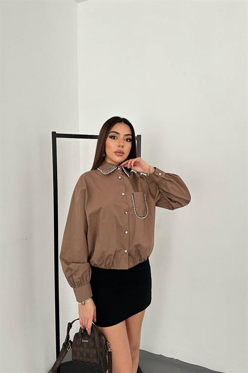 Wholesale Brown Rhinestone-Embellished Poplin Shirt