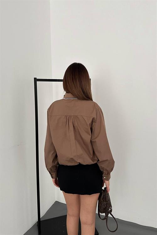 Wholesale Brown Rhinestone-Embellished Poplin Shirt
