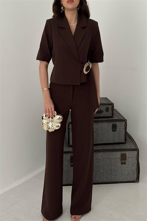 Wholesale Brown Buckled Jacket and Straight Trousers Suit
