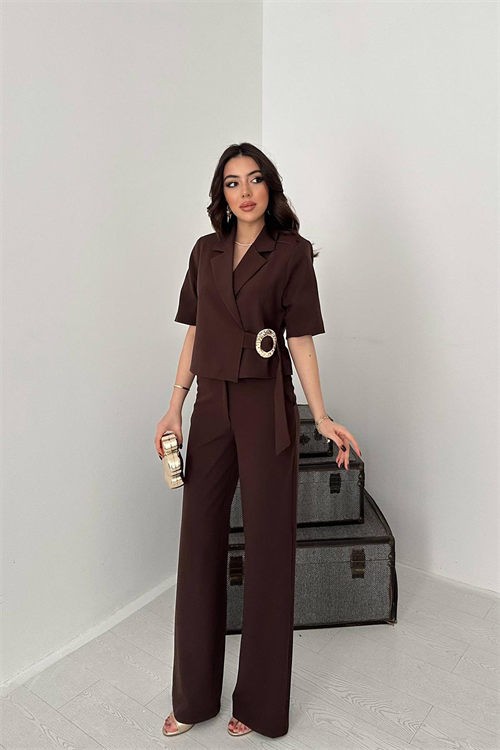 Wholesale Brown Buckled Jacket and Straight Trousers Suit