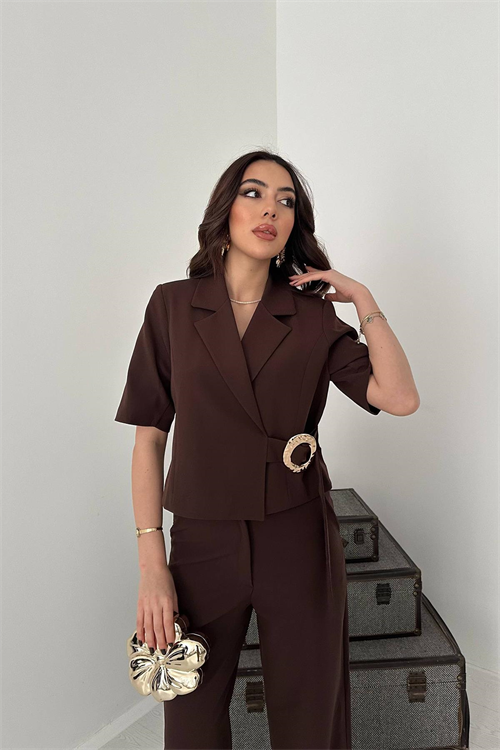 Wholesale Brown Buckled Jacket and Straight Trousers Suit