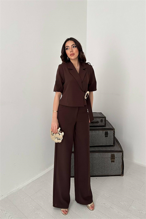 Wholesale Brown Buckled Jacket and Straight Trousers Suit