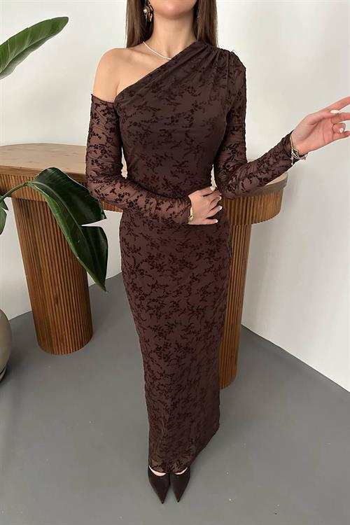 Toptan Kahverengi Transparan Elbise