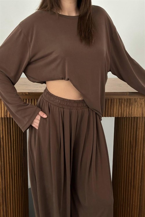 Wholesale Brown Long-Sleeve Top and Salwar Pants Set