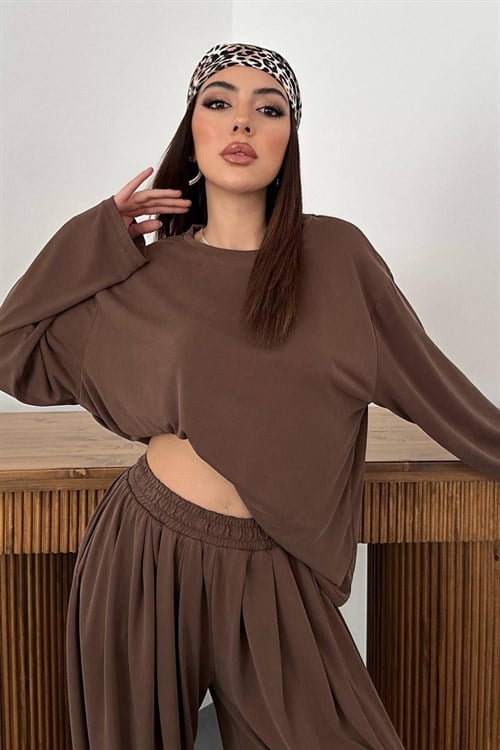 Wholesale Brown Long-Sleeve Top and Salwar Pants Set