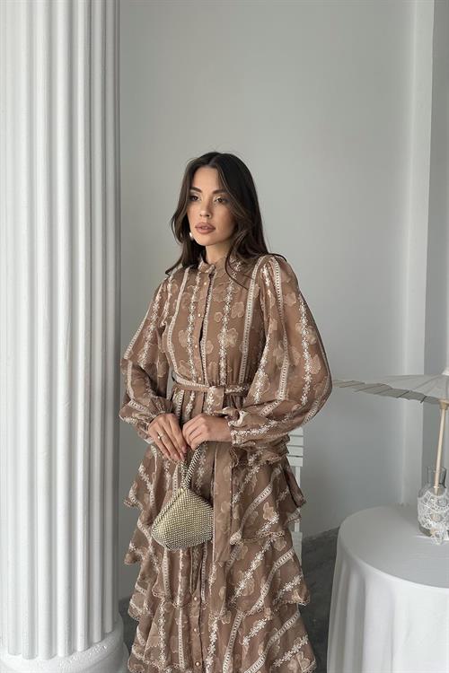 Wholesale Brown Long Flounce Dress