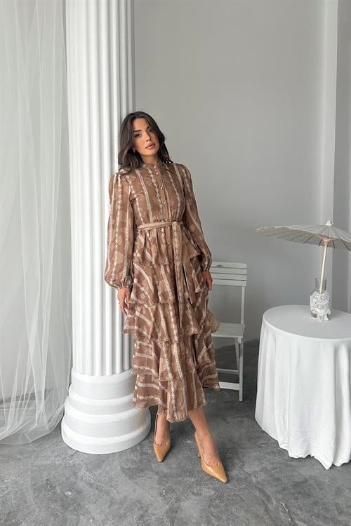 Wholesale Brown Long Flounce Dress