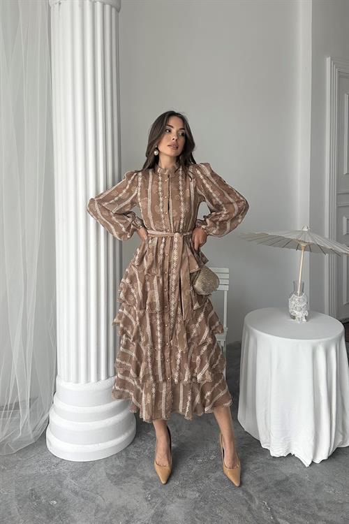 Wholesale Brown Long Flounce Dress
