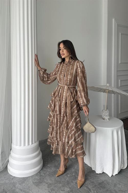 Wholesale Brown Long Flounce Dress