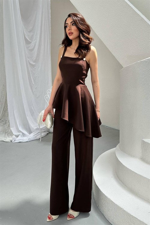 Toptan Kahverengi Volanlı Bluz Ve Pantolon Takım
