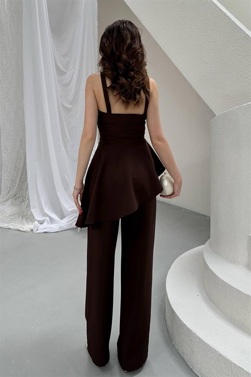 Toptan Kahverengi Volanlı Bluz Ve Pantolon Takım