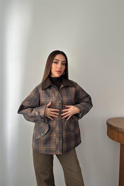 Wholesale Brown Plaid Jacket with Contrast Collar