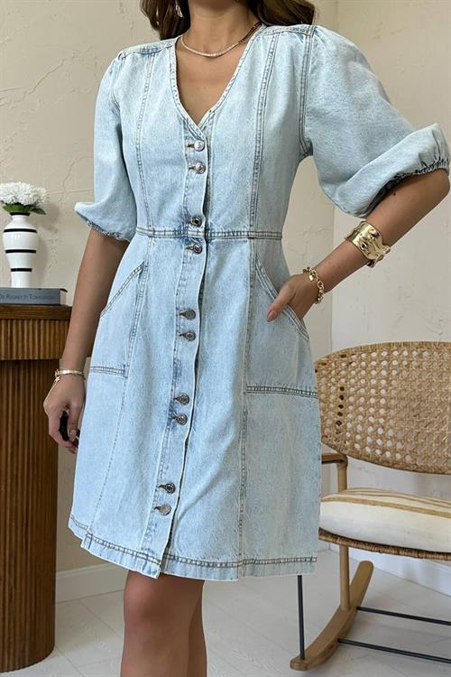 Wholesale Snow Wash Balloon Sleeve Short Denim Dress