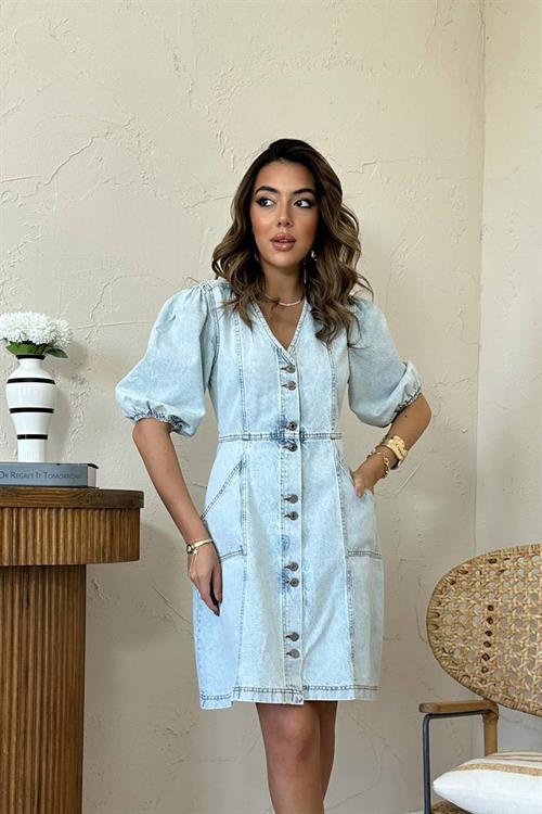 Wholesale Snow Wash Balloon Sleeve Short Denim Dress