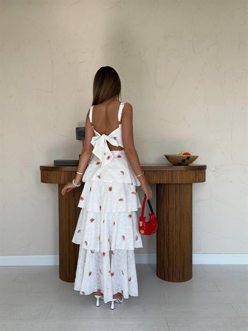 Wholesale White-Red Back-Tie Layered Dress