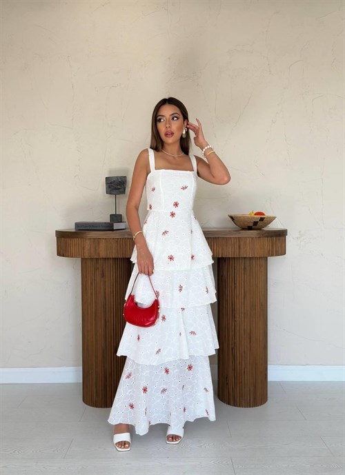 Wholesale White-Red Back-Tie Layered Dress
