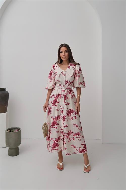 Toptan Kırmızı Desenli Kemerli Elbise