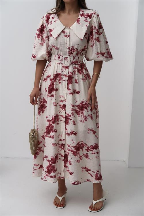 Toptan Kırmızı Desenli Kemerli Elbise